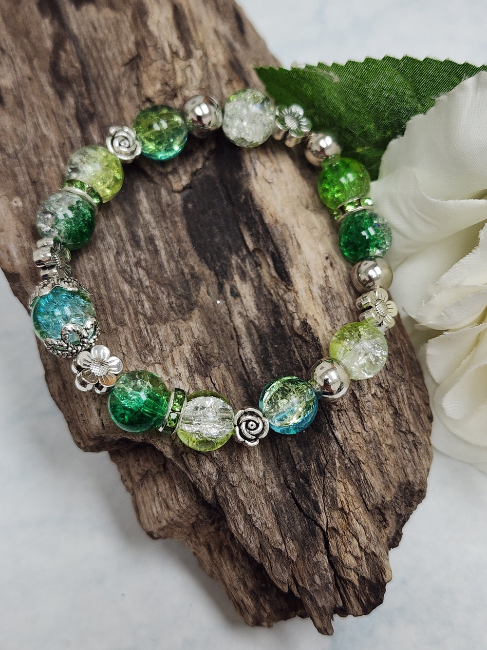 Stretch Bracelet Green and Blue Crackled Glass Beads With Floral Spacers